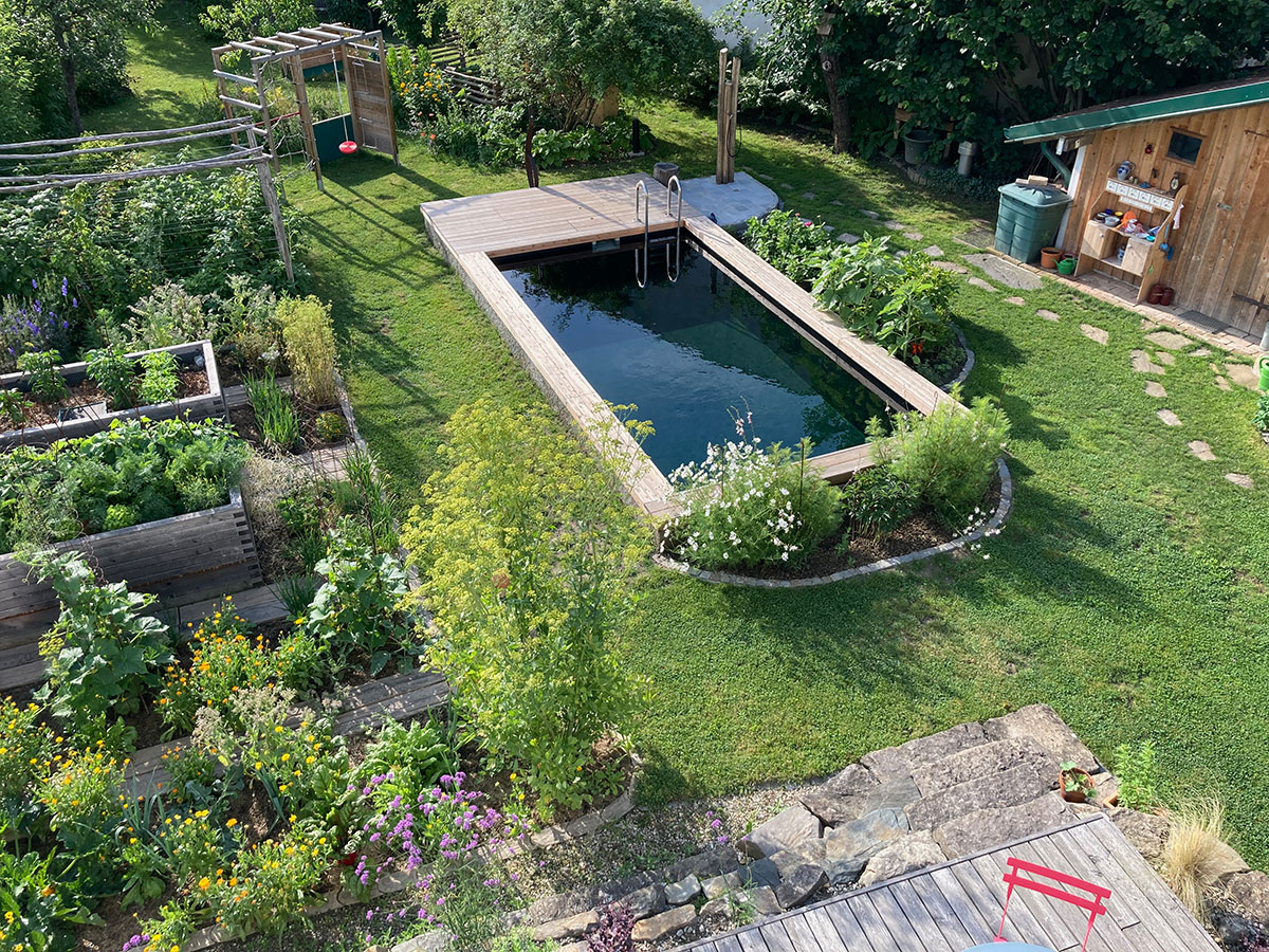 Naturpool mit Holzeinfassung